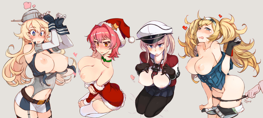 1girl 4girls :o alternative_costume areola arms_up bangs belt between_breasts big_breasts black_bra black_gloves black_legwear black_panties black_underwear blonde_hair blue_eyes blue_shirt blush bra breasts breasts_out_of_clothes christmas christmas_outfit cleavage collared_shirt dress elbow_gloves eyebrows_visible_through_hair fingerless_gloves fur_trim gambier_bay_(kantai_collection) garter_straps gloves graf_zeppelin_(kantai_collection) grey_background hair_between_eyes hairband hat headgear heart high_resolution iowa_(kantai_collection) kantai_collection kinu_(kantai_collection) kusanagi_tonbo lingerie long_hair looking_at_viewer military military_hat military_uniform miniskirt mismatched_legwear multiple_girls navel neck_ribbon neck_tie necktie_between_breasts nipples no_bra off_shoulder open_mouth panties panty_pull pantyhose parted_lips photoshop_(medium) pink_hair pleated_skirt pocket red_dress red_headwear ribbon santa_costume santa_hat seiza shirt short_hair short_sleeves shorts shorts_pull simple_background single_glove sitting skirt star star-shaped_pupils star_(symbol) star_print stockings strap_slip striped striped_legwear sweat sweatdrop symbol-shaped_pupils tears thighs tied_hair translated twin_tails underwear uniform vertical-striped_legwear vertical_stripes viewed_from_above yellow_eyes