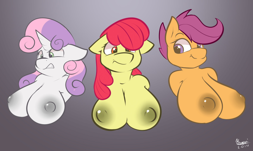 2014 3girls aged_up amber_eyes anthro anthrofied apple_bloom breast_size_difference breasts clenched_teeth clothed clothing cutie_mark_crusaders equine female female_only friendship_is_magic fur furry green_eyes group hair hooves horn horse huge_breasts komponi large_breasts mammal multicolored_hair my_little_pony nipples orange_fur pony purple_eyes purple_hair red_hair scootaloo smile sweetie_belle teeth topless two_tone_hair unicorn white_fur