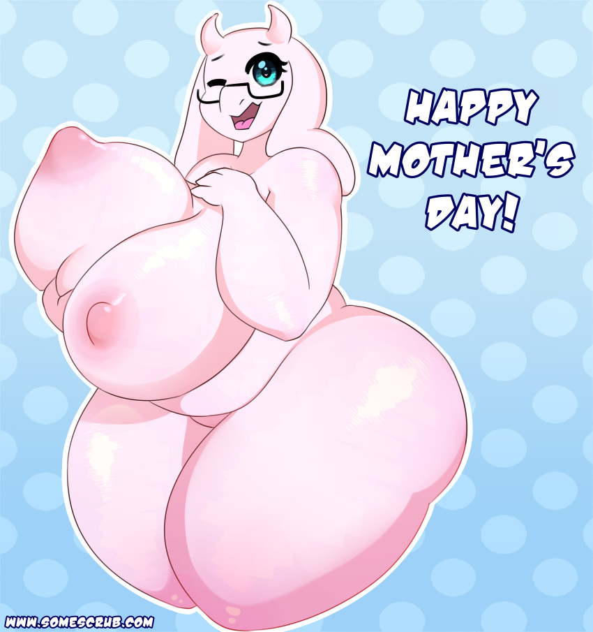1girl 2016 anthro big_breasts boss_monster breasts caprine english_text furry goat happy_mother's_day high_res holidays horn huge_breasts hyper hyper_breasts long_ears mammal milf mother's_day nipples nude one_eye_closed open_mouth overweight parent somescrub text thick_thighs toriel undertale video_games