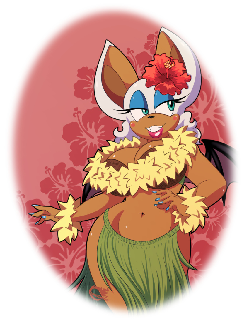 1girl 1girl 2017 alpha_channel anthro bat big_breasts blush breasts cleavage clothed clothing coconut_bra colored_nails eyelashes eyeshadow flower furry grass_skirt huge_breasts lipstick makeup mammal membranous_wings midriff navel omegasunburst plant rouge_the_bat sega skimpy smile thick_bottom_lip wide_hips wings