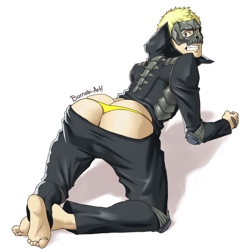 1boy ass barnabi blonde_hair brown_eyes butt_crack feet grin huge_ass looking_at_viewer male_focus mask persona persona_5 ryuji_sakamoto simple_background solo teeth thong whale_tail