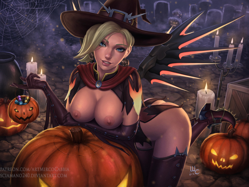 blonde blue_eyes cosplay grin halloween hard_nipples leather_boots mirco_cabbia overwatch pumpkin witch witch_costume