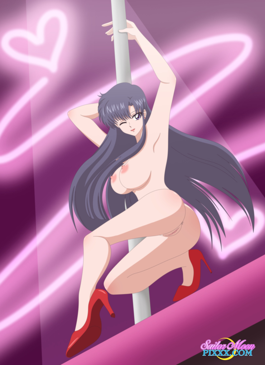 1_girl 1girl ass big_breasts bishoujo_senshi_sailor_moon breasts brunette female female_only high_heels hino_rei long_hair naked_heels nude one_eye_closed pole pole_dancing pussy red_high_heels rei_hino sailor_mars sailor_moon sailormoonpixxx solo