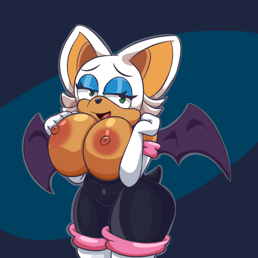 1girl anthro areola bat bedroom_eyes breast_squeeze breasts breasts_outside elbow_gloves furry green_eyes huge_breasts looking_at_viewer mascara nipples rouge_the_bat sega smile sonic_(series) tail thigh_high_boots thighs wide_hips wings
