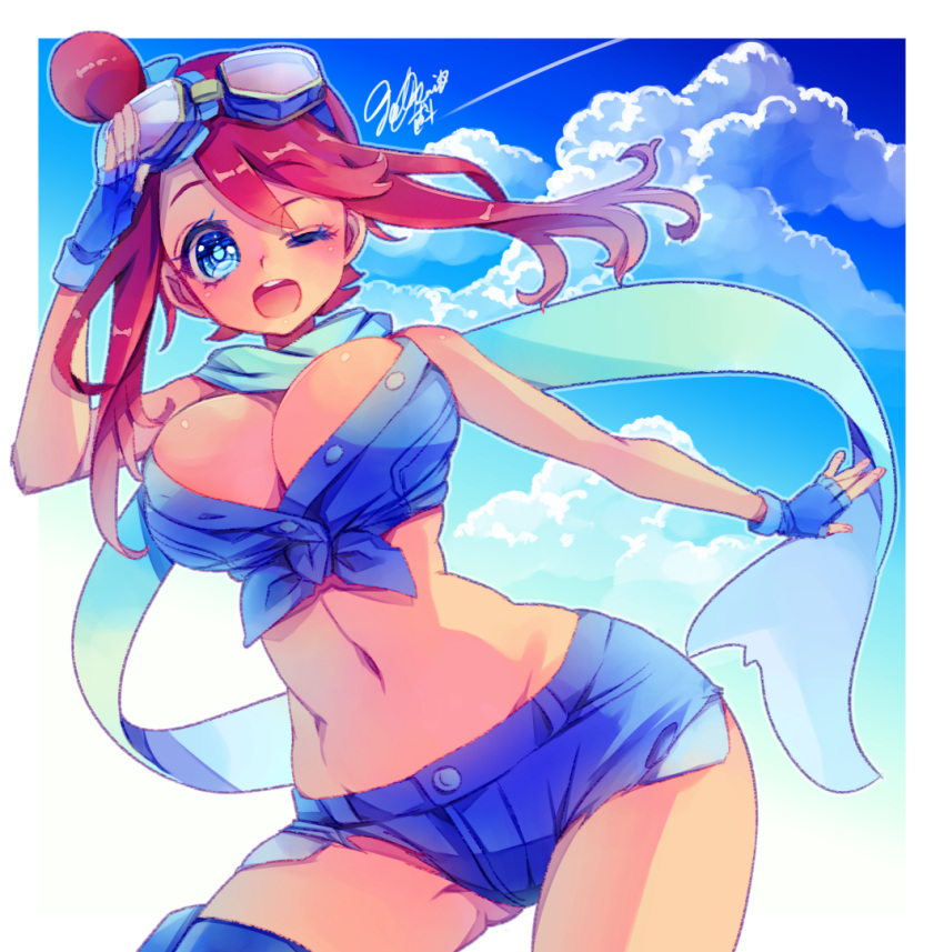 ;d adapted_costume ass_visible_through_thighs eyebrows_visible_through_hair floating_hair fuuro_(pokemon) goggles goggles_on_head looking_at_viewer naoto_(yandereheaven) outstretched_arm pokemon pokemon_(game) pokemon_bw signature skyla smile wind wind_lift wink