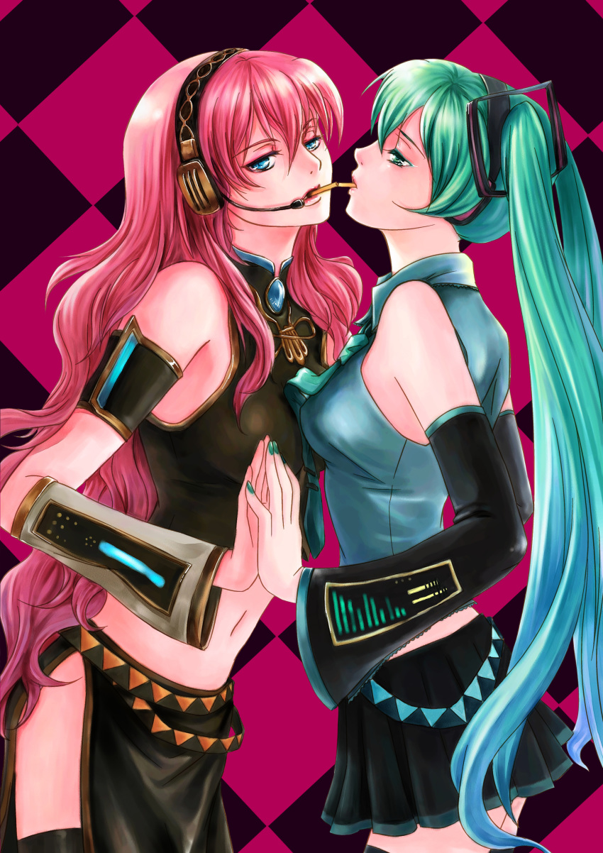2_girls 2girls absurd_res aqua_eyes aqua_hair aqua_nails aqua_necktie armband art bare_shoulders belt black_detached_sleeves black_skirt blue_eyes breasts brooch checkered checkered_background detached_sleeves female_only gem half-closed_eyes hand_on_hand hatsune_miku headphones headset jewelry long_hair long_skirt looking_at_another looking_at_viewer love medium_breasts megurine_luka midriff miku_hatsune multicolored_hair multiple_belts multiple_girls mutual_yuri nail_polish navel neck neck_tie pink_hair pixiv_id_1669759 pleated_skirt pocky pocky_kiss sapphire_(stone) shared_food shirt side_slit sleeveless sleeveless_shirt sleeveless_turtleneck standing stockings turtleneck twin_tails two-tone_hair vocaloid wavy_hair yuri zettai_ryouiki