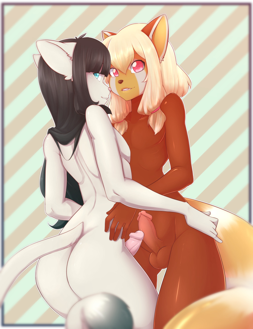 2017 anthro ass cat cute duo feline furry girly hugging looking_at_viewer looking_back male mammal nude penis red_panda smile suelix testicles
