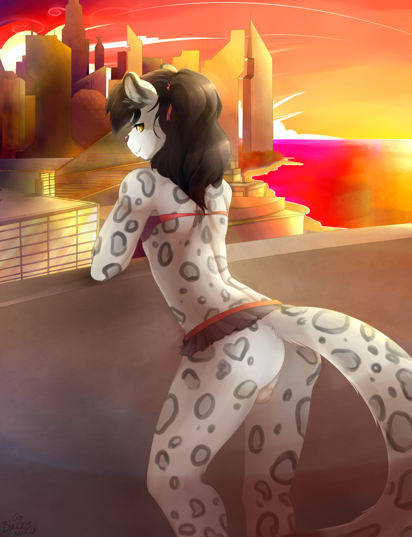 1_anthro 1_male 1boy 2014 absurd_res amber_eyes anthro anthro_only backsack black_hair blacky-moon character_request city clothed clothing crossdressing detailed_background digital_media_(artwork) feline fur furry girly grey_fur hair heart high_res leopard long_hair looking_at_viewer looking_back male male_anthro mammal mini_skirt no_panties outdoors outside perineum skirt sky solo spots spotted_fur standing testicles
