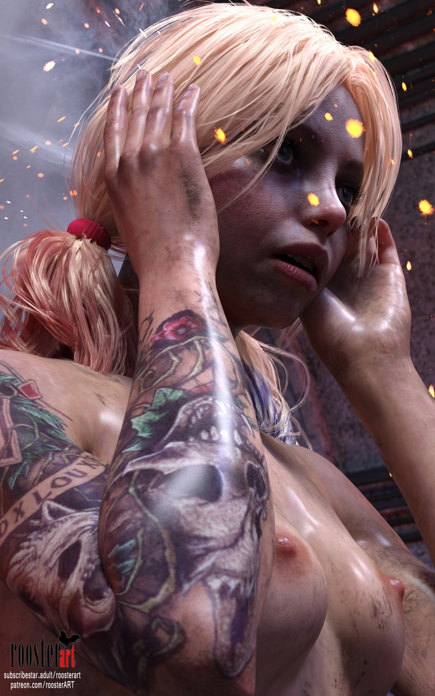 10:16 1girl 3d 3d_(artwork) 4k arm_tattoo blonde blonde_hair breasts dirt dirty dirty_face dirty_skin embers erect_nipples female_focus harley_quinn harley_quinn_(suicide_squad_game) indoors looking_straight nipples open_eyes open_mouth patreon patreon_username ponytails roosterart small_breasts solo_focus subscribestar subscribestar_username suicide_squad suicide_squad:_kill_the_justice_league sweat sweaty sweaty_body tattoo teeth video_game video_game_character video_game_franchise