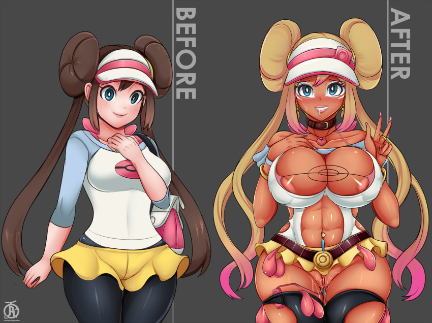 areolae before_after before_and_after big_breasts cleavage condom happy mei_(pokemon) pokemon pokemon_(game) pokemon_bw2 porkyman revolverwingstudios rosa smile used_condom v w