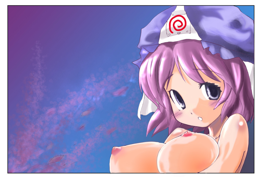 1girl breasts dreamcast female game_console hat huge_breasts large_breasts nipples pink_hair saigyouji_yuyuko short_hair solo takara_akihito touhou yuyuko_saigyouji