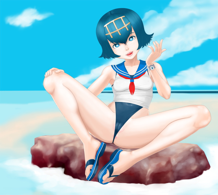 1girl anus blue_eyes blue_hair blue_swimsuit female female_human female_only freckles hentai-foundry human lana lana_(pokemon) looking_at_viewer non-nude noobcake one-piece_swimsuit outdoor outside pokemon pokemon_sm pussy rock sandals short_hair sitting solo suiren_(pokemon) swimsuit water waternium_z z-crystal z-ring