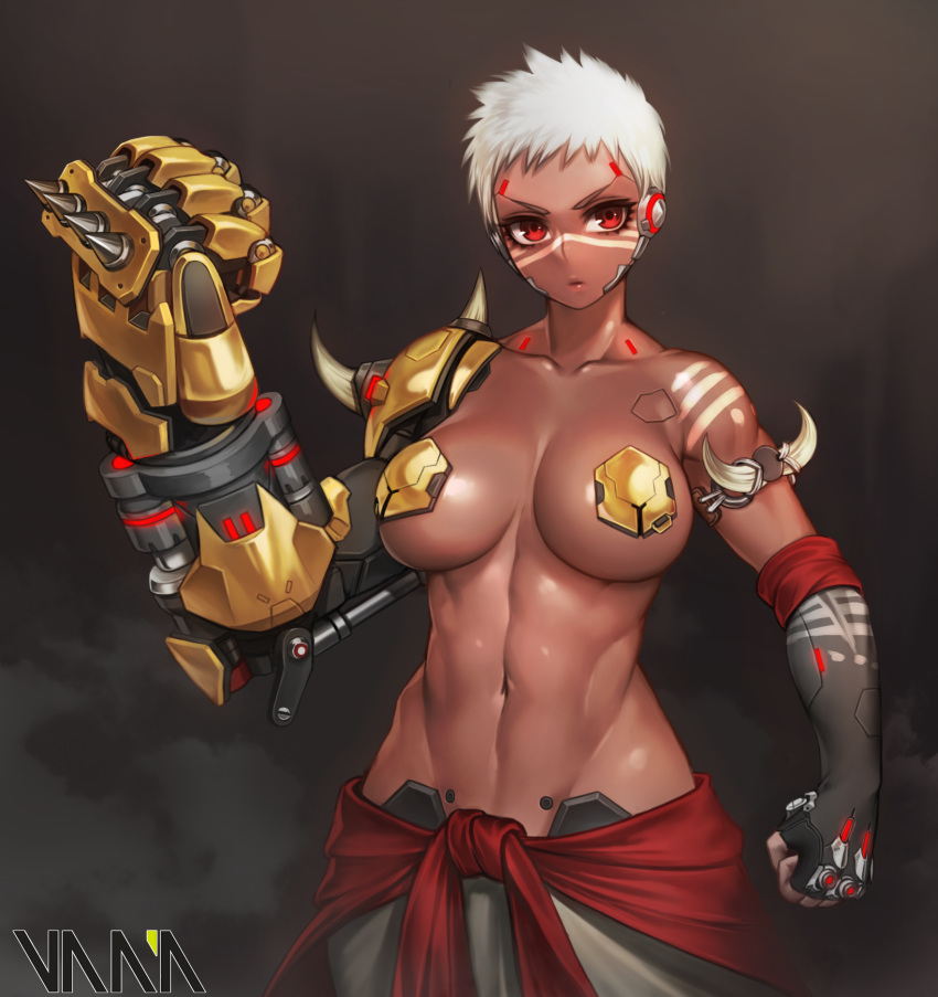 1girl abs armlet artist_name baggy_pants bare_shoulders big_breasts bodypaint breasts brown_lipstick clenched_hands collarbone cyborg_(designation) dark_skin doomfist_(overwatch) elbow_gloves eyelashes facepaint facial_mark fingerless_gloves genderswap genderswap_(mtf) gloves groin high_res lips lipstick looking_at_viewer makeup midriff navel overwatch pants pasties power_fist red_eyes robot_ears short_hair spikes standing stomach thighs toned upper_body vana very_dark_skin white_hair white_pants