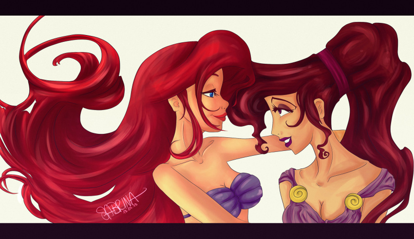 2_girls arm arms art bare_arms bare_shoulders bikini breasts brown_hair cleavage closed_mouth collarbone company_connection crossover disney dress eye_contact eyeshadow floating_hair half-closed_eyes hercules lips lipstick long_hair looking_at_another love makeup megara mermaid multiple_girls mutual_yuri neck parted_lips ponytail princess_ariel red_hair red_lipstick shell_bikini smile strapless strapless_bikini teeth the_little_mermaid xsabrinaaa_(artist) yuri