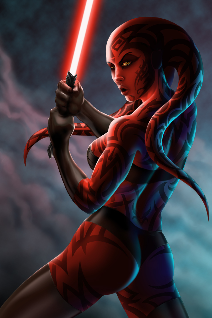 1girl ass darth_talon female_only lightsaber looking_back non-nude platicsavage_(artist) red_skin revealing_clothes star_wars twi'lek