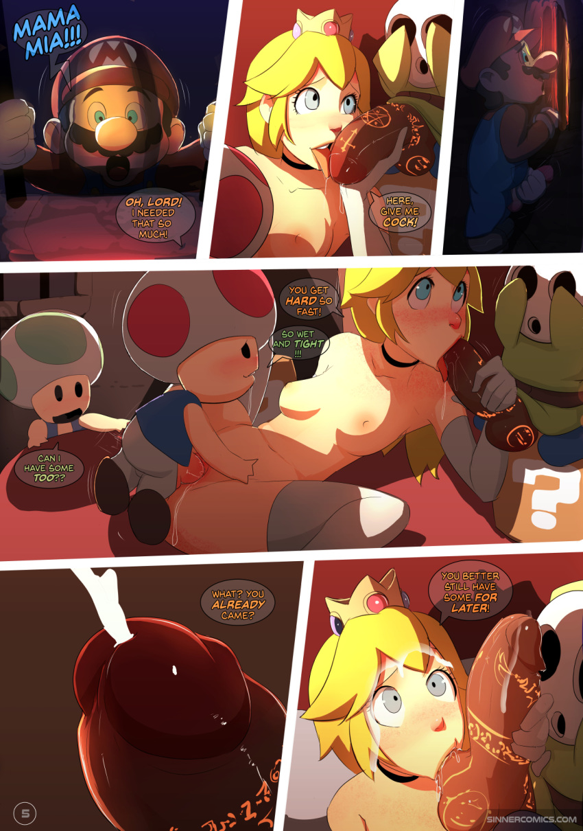 2017 adultery bed bedroom being_watched blonde_hair blue_eyes blush breasts clothing comic crown cuckold cum dialogue fellatio freckles gloves group group_sex hair high_res human interspecies legwear licking long_hair male male/female mammal mario mario_bros markings mask masturbation nintendo not_furry nude oral orgasm peach_princess penis princess_peach sex shy_guy sinner!_(sillygirl) sinner_(artist) spread_legs spreading surprise toad_(mario) tongue tongue_out video_games voyeur