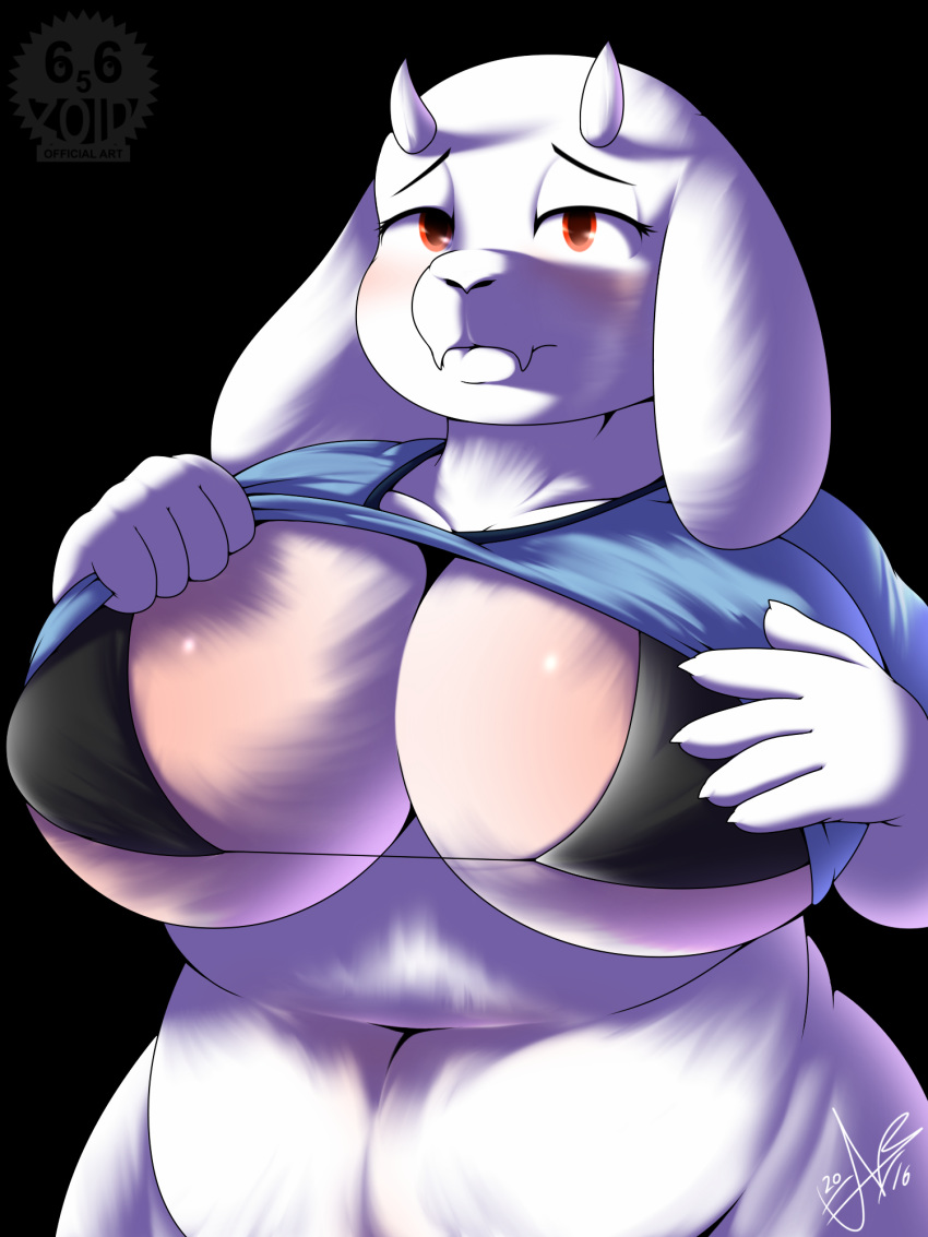 1girl 1girl anthro big_breasts blush bra breasts caprine clothing frimbobbar furry goat huge_breasts looking_at_viewer mammal shirt_up slightly_chubby toriel undertale underwear video_games