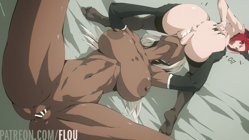 16:9_aspect_ratio 1girl 2_girls anus areola ass ass_grab bangs big_breasts biting black_gloves blush breasts breasts_out_of_clothes censored clitoris clothing dark-skinned_female dark_skin deep_skin demon_girl elbow_gloves english english_text fang flou freckles from_behind gloves gluteal_fold grabbing_own_ass groping hand_on_ass hand_on_own_ass high_resolution horns long_hair looking_back lying mole mole_on_vagina multiple_girls nude on_back open_mouth oral original patreon_username pointed_ears presenting pussy pussylicking red_eyes red_hair rinn_(flou) silver_hair sitting sitting_on_face sitting_on_person skin_fang slit_pupils spread_anus spread_legs stella_(flou) text white_hair yuri