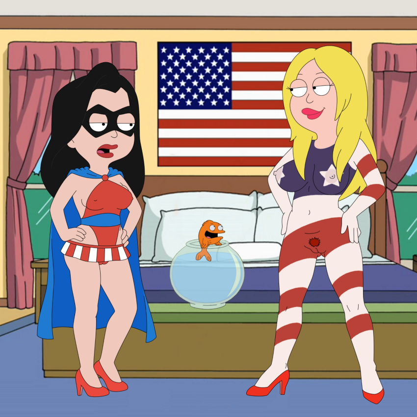 1_feral 2_females 2_girls 2_humans ambiguous_gender american_dad american_flag bed bedroom black_hair blonde_hair bodypaint breasts cape clothed female female_human feral fish flag francine_smith frost969 hair hayley_smith human indoors klaus_heissler light-skinned_female light_skin long_hair mini_skirt multiple_girls nipples nude pubic_hair pussy pussy_hair source_request standing trio