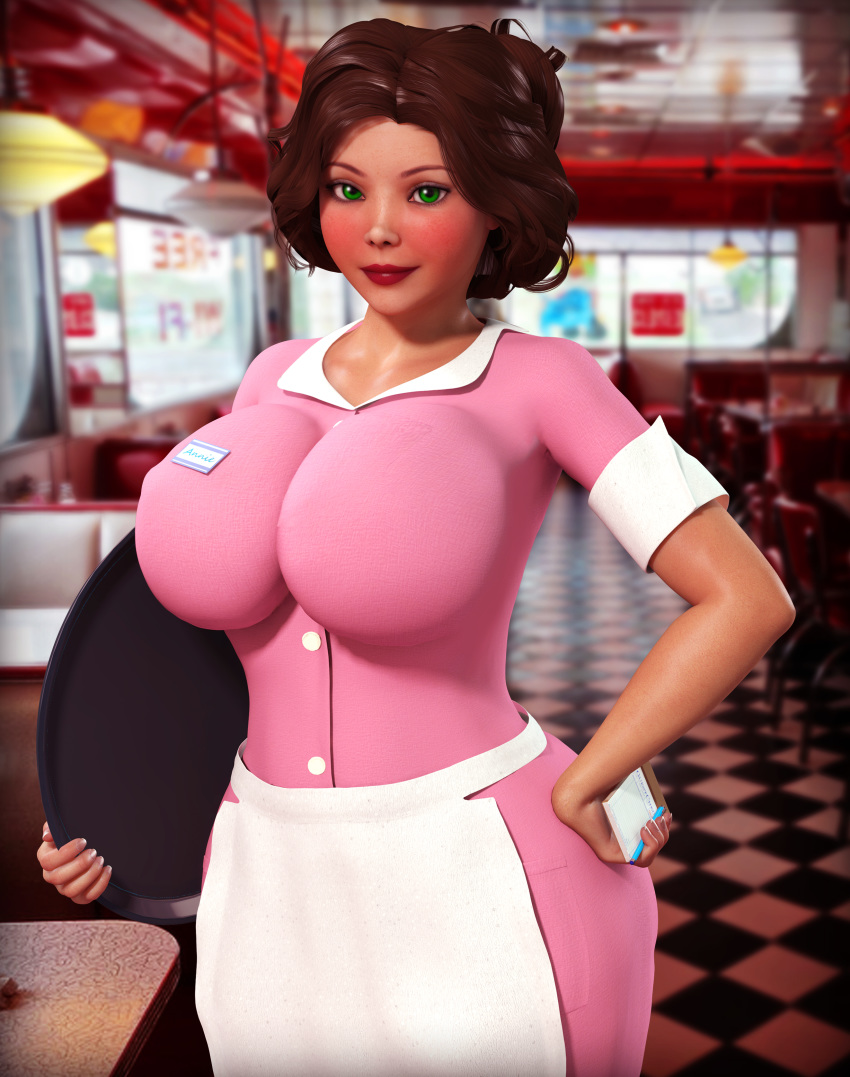 3d annie_hughes big_breasts breasts brown_hair female green_eyes milf rasmus-the-owl solo the_iron_giant waitress