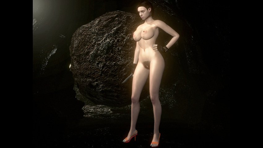 1girl 3d big_breasts big_breasts brown_hair capcom feet hairy jill_valentine legs mod nude pussy resident_evil sandals video_games