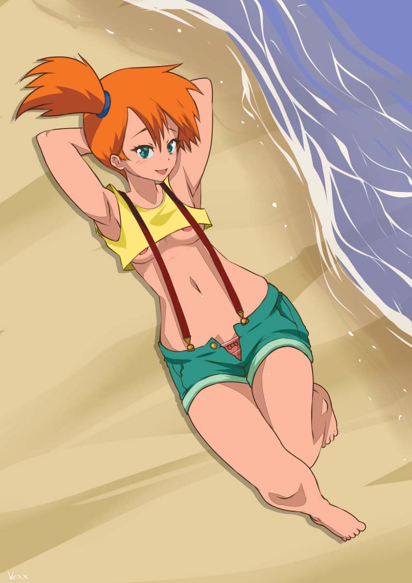 areolae areolae_slip arms_behind_head artist_name beach deviantart from_above hands_behind_head kasumi_(pokemon) lying medium_breasts misty no_bra ocean on_back open_fly orange_hair panties pokemon pokemon_(anime) ponytail porkyman red_hair red_panties redhead sand side_ponytail signature smile underboob vexxed-wolf viewed_from_above water