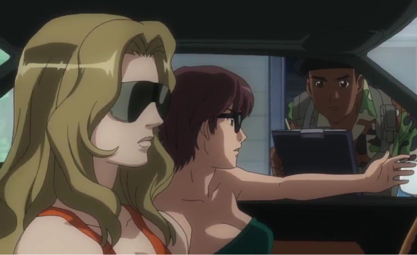 1boy 2_girls anime arm arms asobi_ni_iku_yo! bangs bare_arms bare_shoulders blonde blonde_hair breasts brown_hair car cleavage closed_mouth cockpit collarbone green_tubetop lips long_hair multiple_girls neck open_mouth parted_bangs red_tank_top short_hair sitting strapless sunglasses tank_top tubetop upper_body