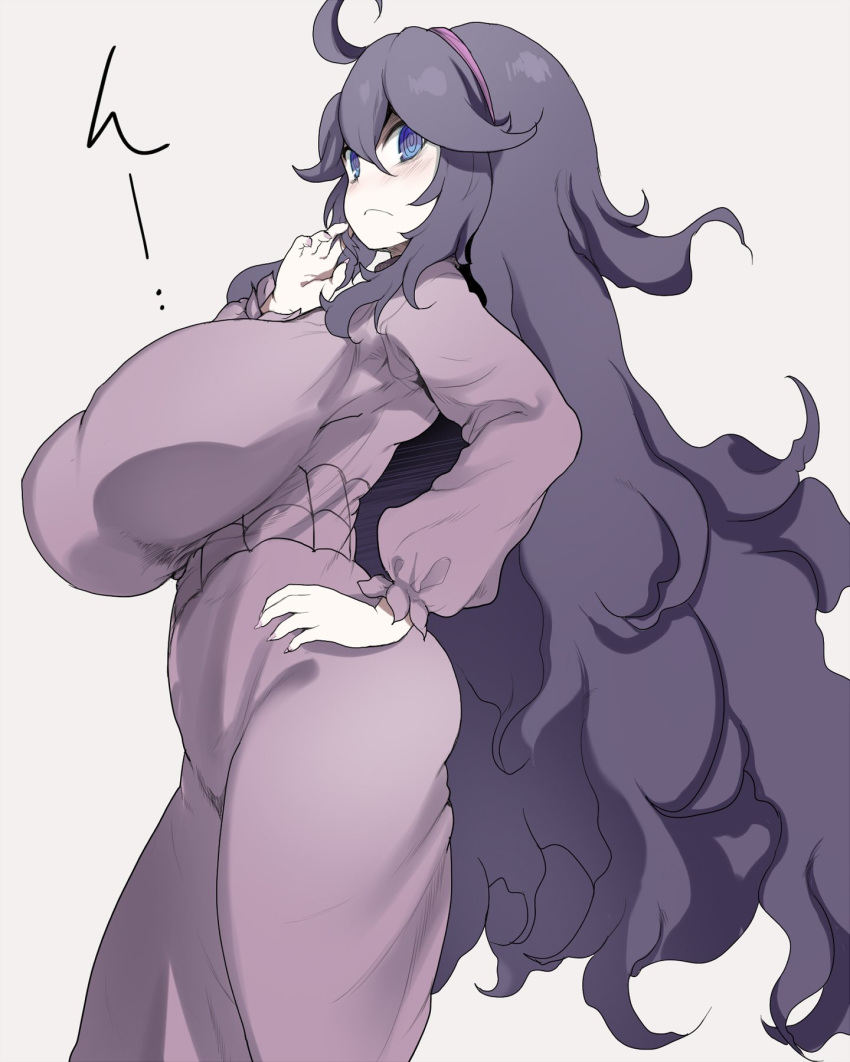 ahoge al_bhed_eyes big_breasts blue_eyes blush breasts covered_nipples cowboy_shot dress from_side frown hairband hand_on_hip hex_maniac highres huge_breasts impossible_clothes kedamono_kangoku-tou large_breasts long_hair looking_at_viewer messy_hair nail_polish nipples pale_skin pink_hairband pink_nails pokemon pokemon_(game) pokemon_xy purple_dress purple_hair thinking translated very_long_hair white_background