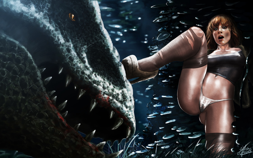 1girl blood brown_hair cameltoe claire_dearing clothed female female_human feral fight grass hair high_heels human human/feral indominus_rex jurassic_park jurassic_world long_hair outdoors panties partially_clothed snugpug spread_legs standing stockings teeth
