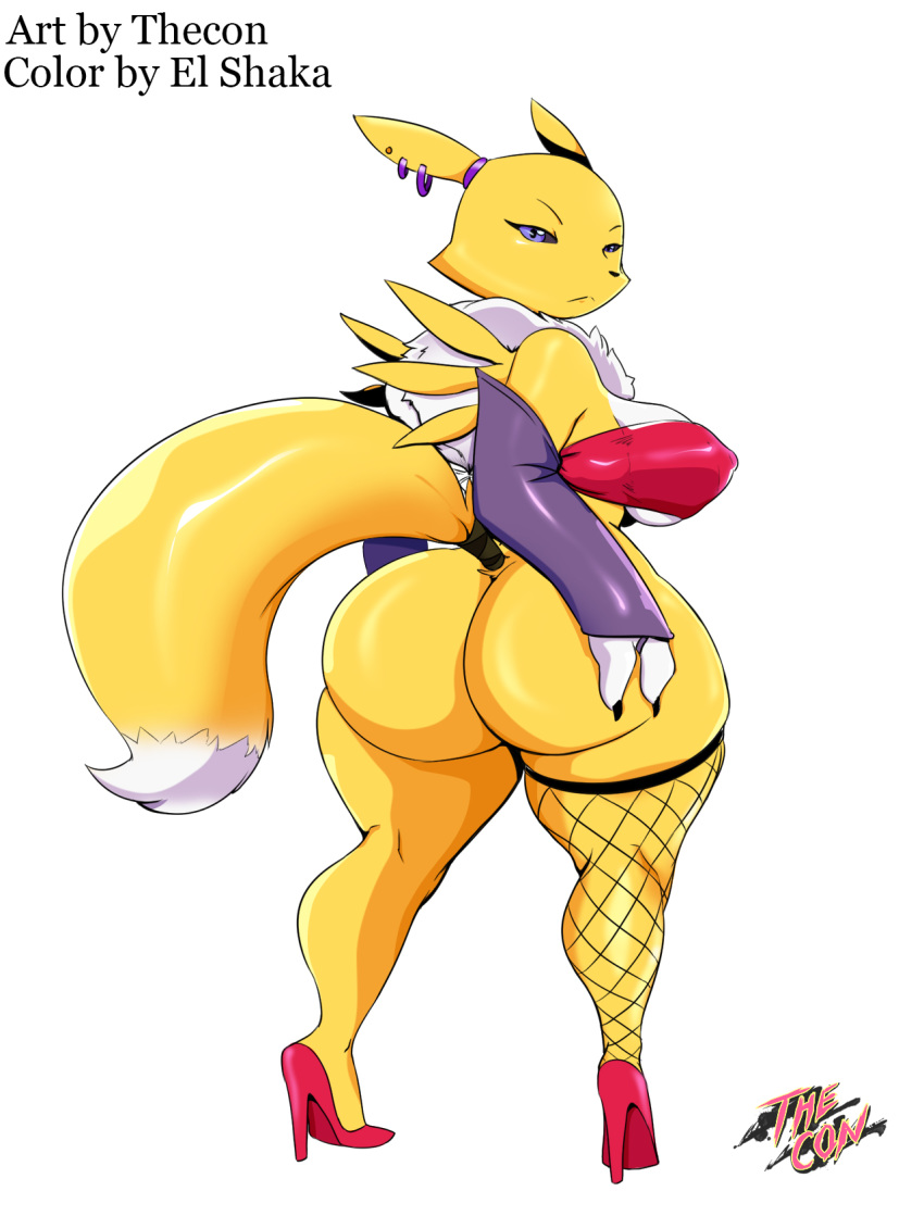 1girl 2017 anthro armwear ass big_ass big_breasts breasts bridal_gauntlets clothing digimon el_shaka furry looking_at_viewer renamon sideboob thecon thick_thighs