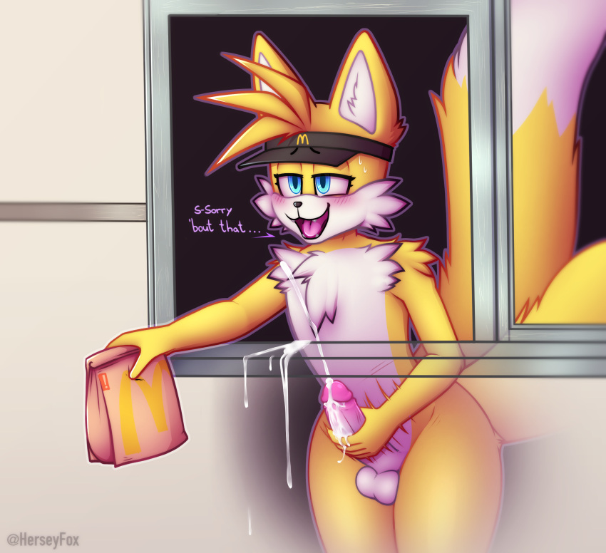 1boy 2_tails anthro balls blush blush_lines bodily_fluids body_hair canid canine chest_hair clothing countershading cum cum_drip cum_on_hand cum_on_penis cumshot dialogue dripping ejaculation fluffy_chest fox genital_fluids genitals girly herseyfox high_res humanoid_genitalia humanoid_penis male mammal masturbation mcdonald's miles_"tails"_prower motion_blur motion_lines multi_tail open_mouth orgasm penis public public_masturbation raised_tail sega solo sonic_the_hedgehog_(series) stealth_masturbation tail text thick_thighs unprofessional_behavior wide_hips xray_view