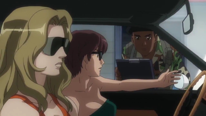 1boy 2_girls anime arm arms asobi_ni_iku_yo! bangs bare_arms bare_shoulders blonde blonde_hair breasts brown_hair car cleavage closed_mouth cockpit collarbone green_tubetop lips long_hair multiple_girls neck open_mouth parted_bangs red_tank_top short_hair sitting strapless sunglasses tank_top tubetop upper_body