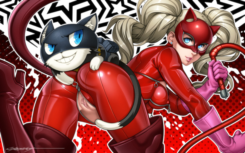 1girl animal_ears ann_takamaki artist_name ass blonde_hair blue_eyes bodysuit boots breasts cat cat_ears censored crotch_zipper earrings erect_nipples erotibot from_behind gloves grin high_res jewelry lips long_hair looking_at_viewer mask medium_breasts morgana_(persona_5) persona persona_5 pussy shiny shiny_clothes smile stockings thigh_high_boots twin_tails unzipped whip zipper zipper_pull_tab
