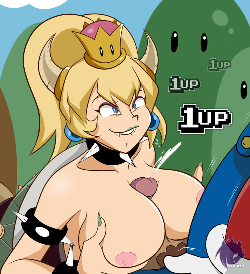 absurd_res bare_shoulders big_breasts biting_lip blue_earrings bowser bowsette choker cleavage clothed_male_nude_female collar crown cum cumshot fangs frankaraya green_lipstick green_nails green_shell grin horn horns light_skin looking_at_another looking_at_partner looking_up mario mario_bros orgasm outside paizuri pink_nipples pubic_hair sharp_teeth smile spiked_collar spiked_shell super_crown super_mario_bros.