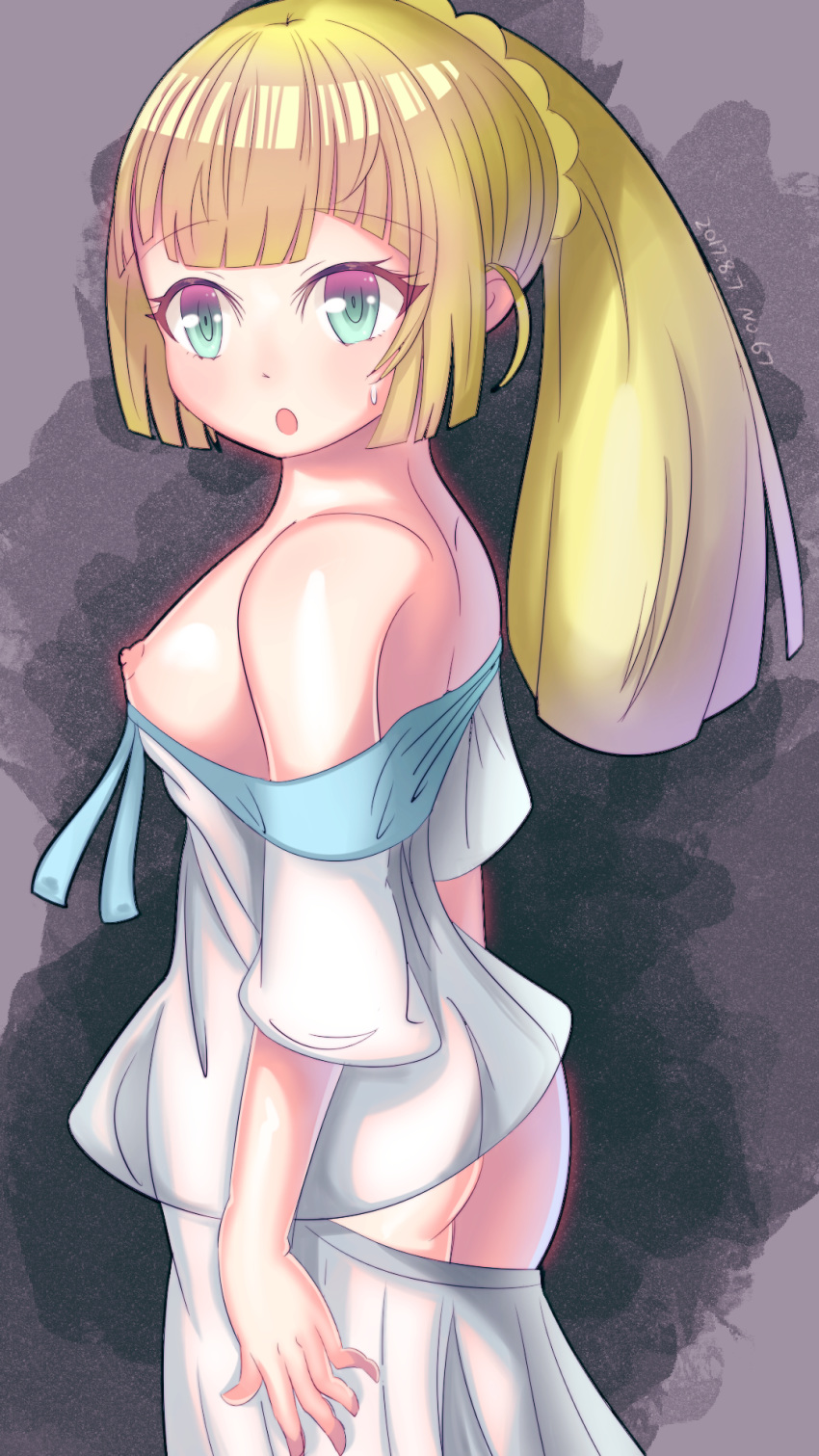 2017 :o aged_up alternate_hairstyle artist_request ass breast_out breasts_out dated dress embarrassed lillie lillie_(pokemon) nipple_slip nipples no_bra no_panties pokemon pokemon_(game) pokemon_sm porkyman see-through sideboob skirt strap_slip sweatdrop