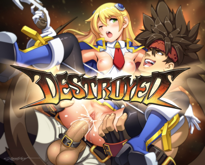 1boy 1girl black_legwear blazblue blonde_hair breasts brown_hair company_connection crossover cum cum_in_pussy erotibot fucked_silly green_eyes guilty_gear gun hairpods handgun headband held_up hetero impregnation large_penis large_testicles looking_at_another nipples noel_vermillion one_eye_closed open_mouth panties penis pistol ponytail pussy rape sex shiny small_breasts sol_badguy spread_legs torn_clothes uncensored underwear vaginal weapon white_panties