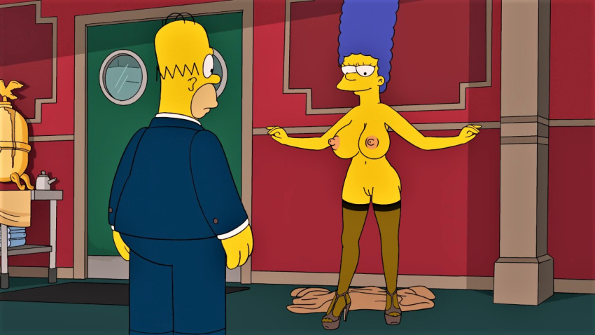 ass big_breasts erect_nipples high_heels homer_simpson marge_simpson nude shaved_pussy stockings the_simpsons thighs