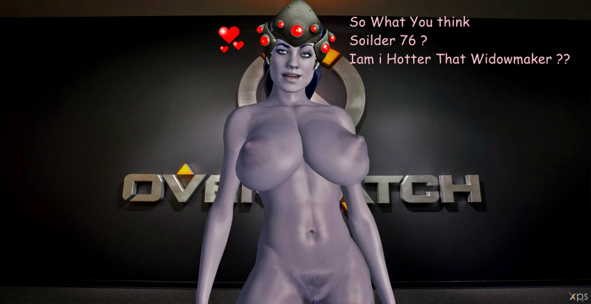1girl 3d background blue_hair breasts cosplay crossover female games hairy_pussy headgear headset heart human large_breasts legs mass_effect mass_effect_2 mass_effect_3 miranda_lawson navel nipples nude overwatch posing pubic_hair purple_skin pussy render silver_eyes solo teasing text video_games widowmaker xnalara xps