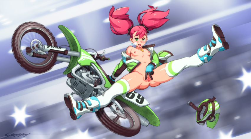1girl boots bottomless breasts censored enza_(erotibot) erotibot facial_mark gloves green_eyes ground_vehicle headwear_removed helmet helmet_removed jacket long_hair motor_vehicle motorcycle nipples open_clothes open_jacket open_mouth original pink_hair pussy spread_legs spread_pussy twin_tails vehicle