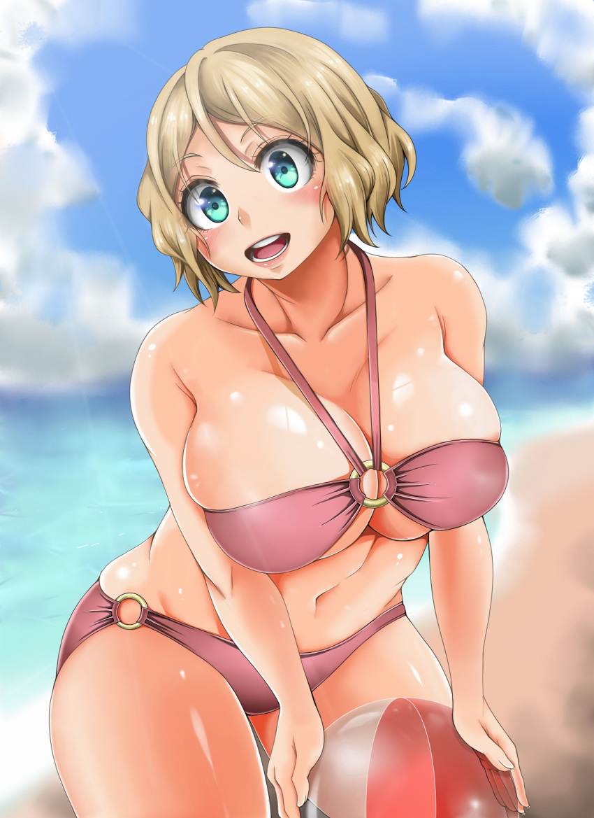 1girl adahcm ball beach beach_ball big_breasts bikini blonde_hair blue_eyes breasts clouds collarbone day light-skinned_female light_skin looking_at_viewer navel o-ring pink_bikini pokemon pokemon_(anime) pokemon_xy serena_(pokemon) shiny shiny_skin skindentation sky smile teeth thick thick_thighs thighs