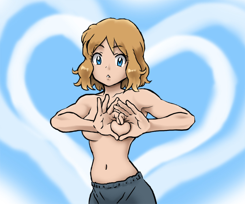 bare_shoulders blonde blonde_hair blue_background blue_eyes cover_up covering_breasts cute gradient_background heart-shaped_boob_challenge heart_background heart_hands looking_at_viewer medium_breasts navel no_bra no_shirt pokemon pokemon_(anime) pokemon_xy porkyman serena serena_(pokemon) short_hair stomach topless