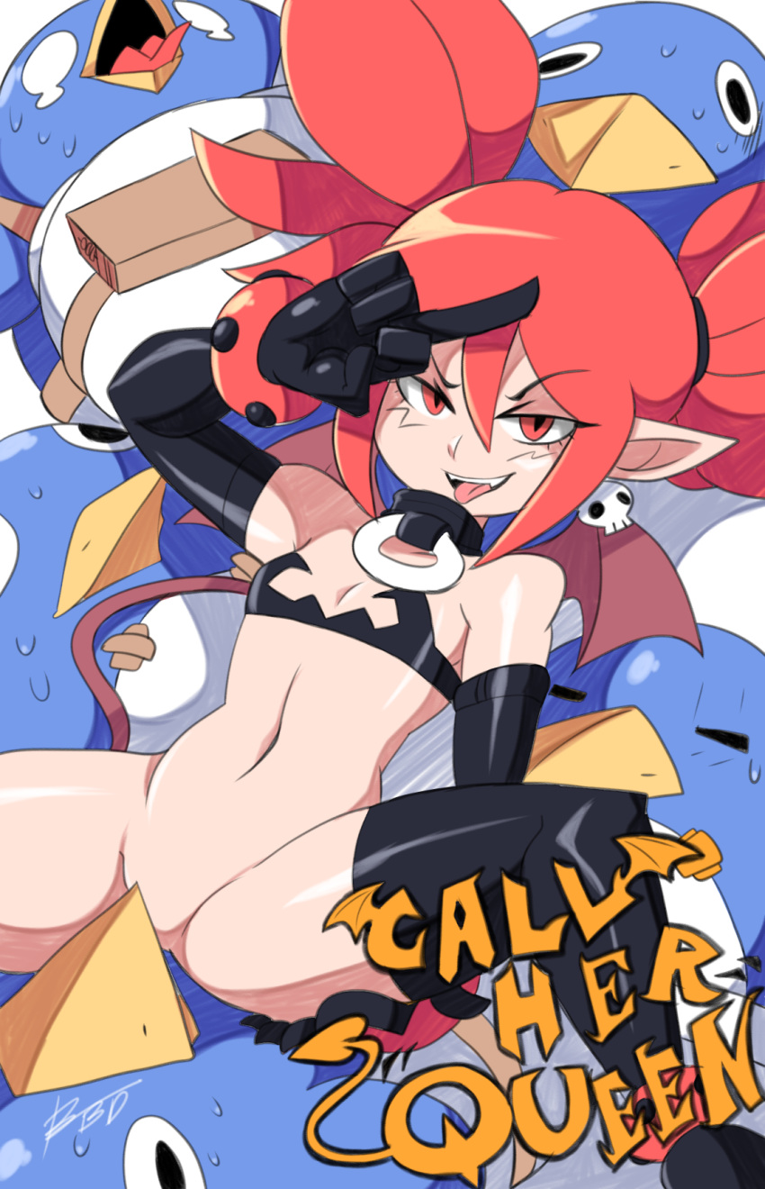 1girl arm_up bigdead93 bottomless choker convenient_censoring demon_girl demon_tail demon_wings disgaea elbow_gloves etna gloves looking_at_viewer makai_senki_disgaea middle_finger navel open_mouth pointy_ears prinny red_eyes red_hair shiny shiny_clothes shiny_skin small_breasts spread_legs stockings stomach sweat tail tongue tongue_out twin_tails wings