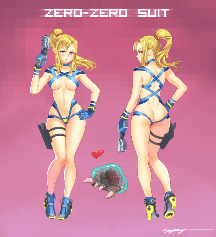 1girl adapted_costume ass big_breasts blonde_hair blue_eyes blush breasts butt_crack choker erotibot gloves gun hand_on_hip heart holding holding_gun holding_weapon holster looking_at_viewer metroid metroid_(creature) navel ponytail revealing_clothes samus_aran simple_background thigh_gap thigh_holster trigger_discipline weapon zero_suit