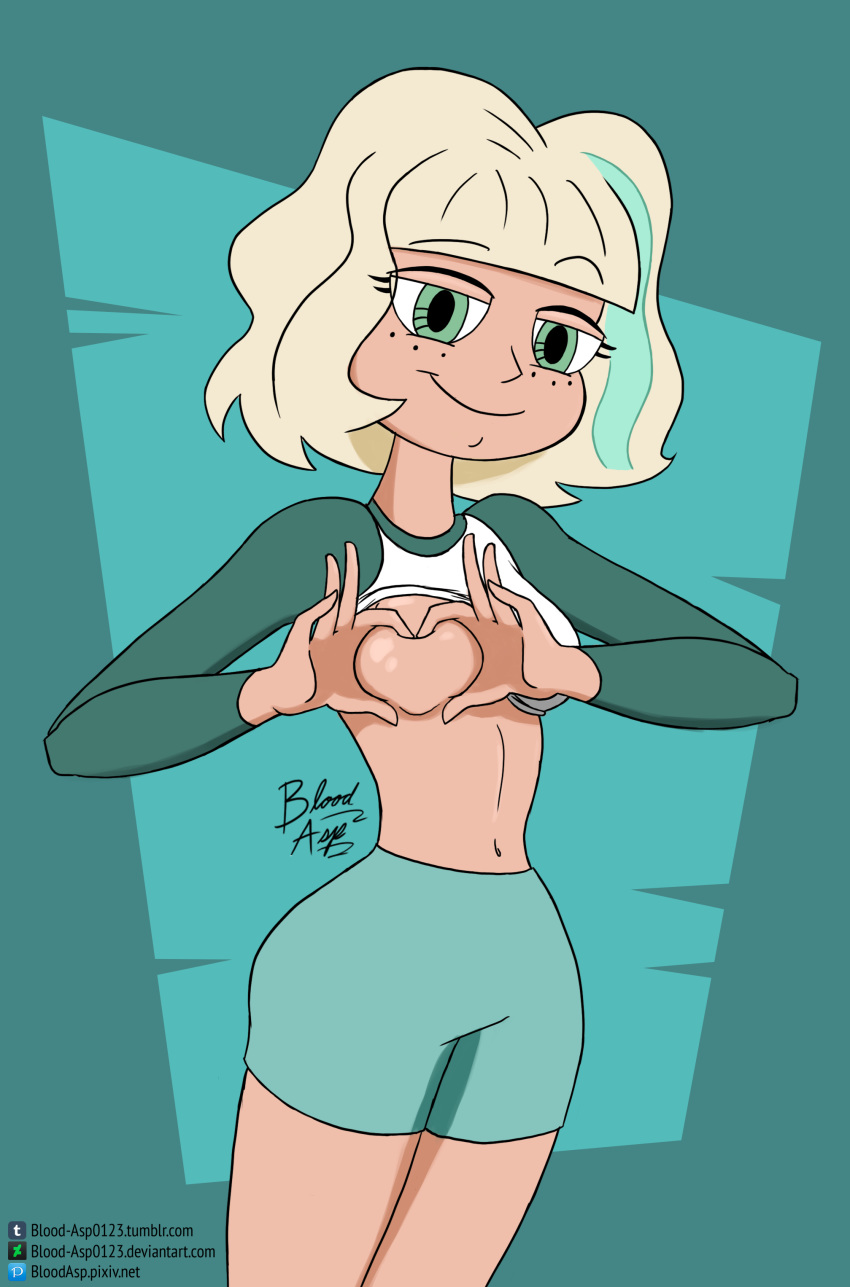 bloodasp breast_press breasts freckles heart-shaped_boob_challenge heart_hands jackie_lynn_thomas looking_at_viewer medium_breasts raised_eyebrow shirt_lift signature smile star_vs_the_forces_of_evil tease web_address
