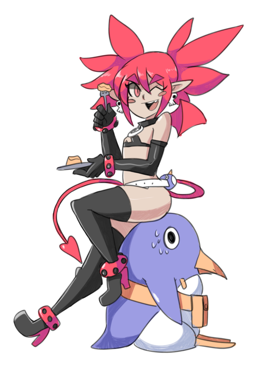1girl ;) anklet bat_wings belt bigdead93 bikini blush_stickers boots cake demon_girl demon_tail disgaea elbow_gloves etna eyebrows fang food fork full_body gloves high_heel_boots high_heels high_res jewelry mini_wings one_eye_closed pointy_ears prinny red_eyes red_hair sitting sitting_on_person small_breasts smile stockings sweatdrop swimsuit tail thick_eyebrows thigh_high_boots twin_tails wings