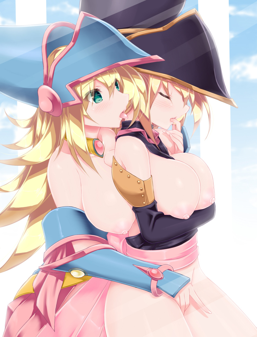 2girls big_breasts blonde_hair dark_magician_girl finger_to_mouth fingering tagme tongue_out yuri