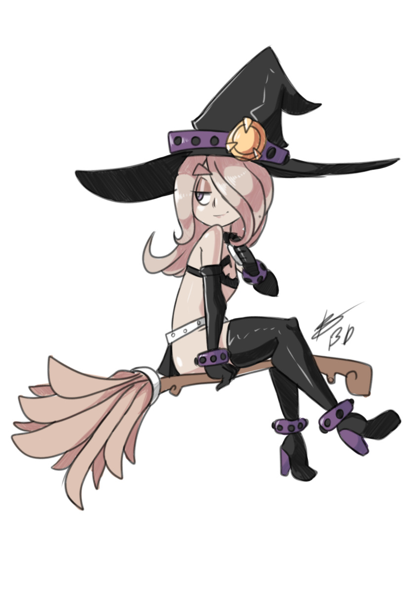 1girl alternate_costume anklet bad_id belt beltbra bigdead93 black_gloves boots broom broom_riding brown_hair cosplay disgaea elbow_gloves etna etna_(cosplay) eyebrows eyeshadow gloves hair_over_one_eye half-closed_eyes hat high_heel_boots high_heels high_res jewelry little_witch_academia long_hair makeup purple_eyes small_breasts stockings sucy_manbabalan sucy_manbavaran thick_eyebrows thigh_high_boots witch witch_hat