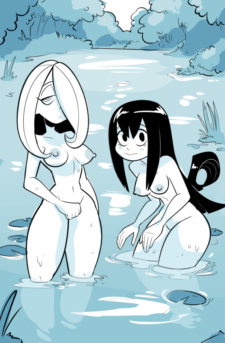 2_girls asui_tsuyu black_hair boku_no_hero_academia breasts crossover curvy cute little_witch_academia long_hair looking_at_viewer multiple_girls nipples nude sucy_manbavaran water