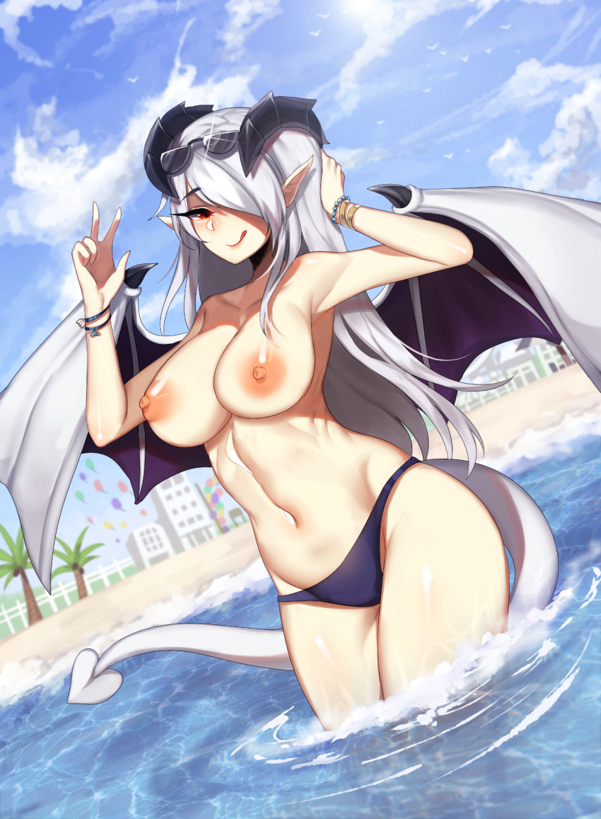 1girl :q areola beach big_breasts bikini_bottom blue_bikini_bottom blue_sky bracelet breasts cloud day demon_girl demon_tail demon_wings dutch_angle hair_over_one_eye high_resolution horns jewelry lilim_(monster_girl_encyclopedia) long_hair looking_at_viewer monster_girl_encyclopedia navel nipples outside palm_tree partially_submerged pointed_ears red_eyes silver_hair sky smile spade_tail standing stomach sunglasses sunglasses_on_head tail teru_(renkyu) tongue tongue_out topless tree v water wings