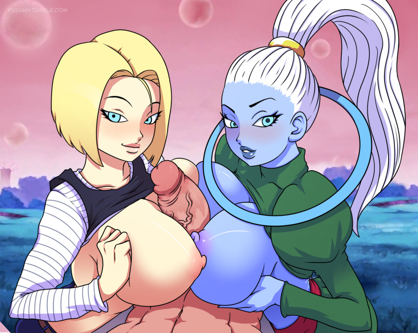 10s 2girls android_18 areola blonde_hair blue_eyes blue_skin blush bob_cut breast_squeeze breasts clothed_female_nude_male double_paizuri dragon_ball dragon_ball_super dragon_ball_z furanh huge_breasts long_ponytail looking_at_viewer lying multiple_girls multiple_paizuri navel nipples no_bra outside paizuri penis ponytail pov puffy_sleeves raglan_sleeves shirt_lift short_hair skirt sky smile son_goku uncensored vados white_hair